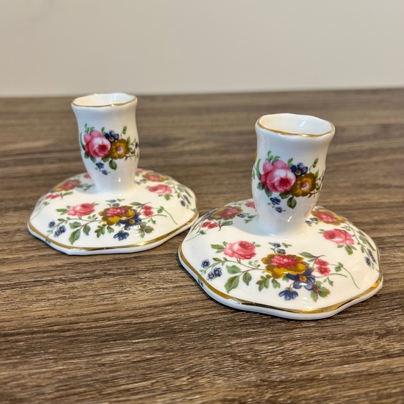 Bone China Made in England Floral Candle Holder Pair - Picture 1 of 8